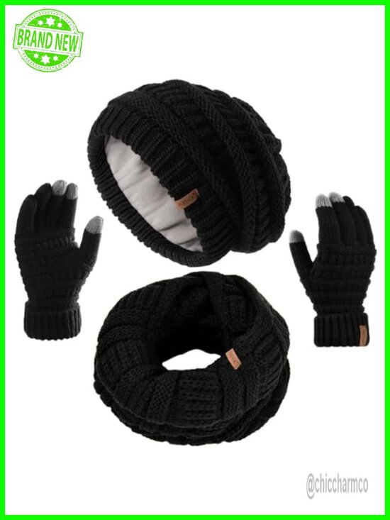 Winter Knit Beanie Scarf Touchscreen Gloves 3-Piece Set, Soft Acrylic